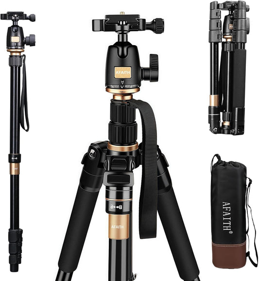 AFAITH Camera Tripod, Travel Tripod, 360 Degree Ball Head Monopod, Adjustable Monopod, 4 Tiers, Height 54.4 inches (139 cm), Length 14.4 inches (36.5 cm), Leg Diameter 9.4 inches (24 mm), Reverse