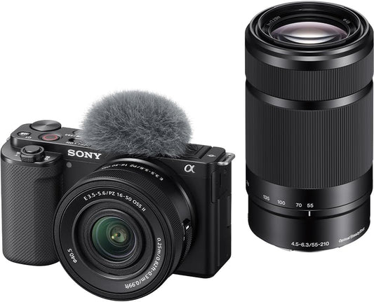 Sony ZV-E10 Mirrorless Single Camera ZV-E10 Double Zoom Lens Kit (Included Lens: SELP16502+SEL55210), Black, ZV-E10X BQ Lens Replaceable APS-C E10X Black