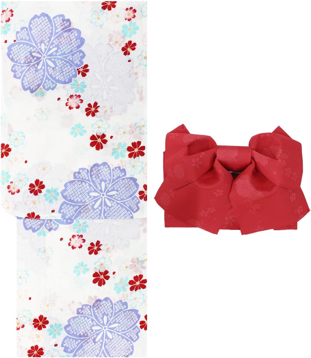 Kimono Japanese Net Shop Nset1377,set0700 Women's Adult Yukata 2-Piece Set (Yukata + Obi) F Size Women's Yukata Black White Red Green Festival Fireworks