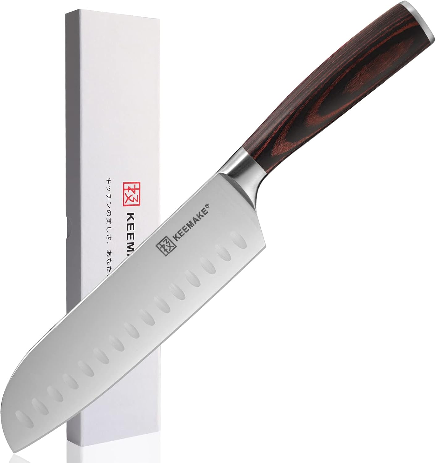 KEEMAKE Santoku Knife, Stainless Steel, 7.1 inches (180 mm), All-Purpose Knife, Multi-functional, Wooden Handle, Bread Knife, Carving Knife, Vegetable Cut, Fish, Cooking, Rust-Resistant, Gift (7.1