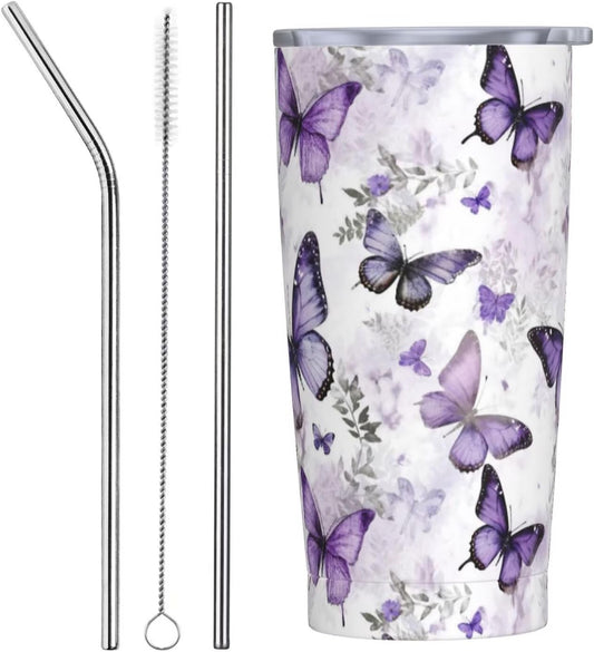 Vaso aislado de acero inoxidable de 20 onzas con tapa y pajilla, diseño vintage de mariposas florales, acuarela, taza de café, té, vino, botella de agua para mujeres y hombres