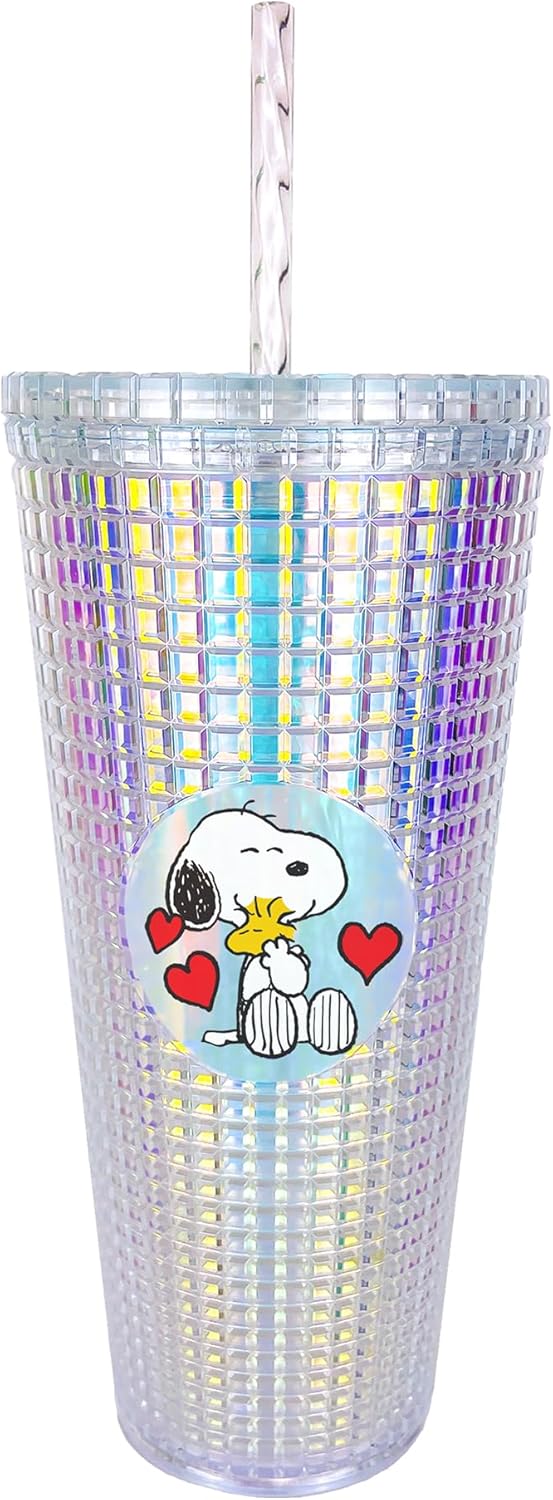 Spoontiques Peanuts Vaso de diamantes, 20 oz - Vaso texturizado con pajita, aislamiento de doble pared, sin BPA - Snoopy