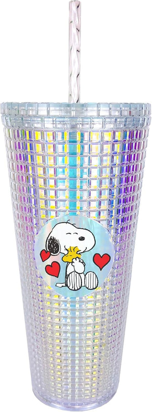 Spoontiques Peanuts Vaso de diamantes, 20 oz - Vaso texturizado con pajita, aislamiento de doble pared, sin BPA - Snoopy