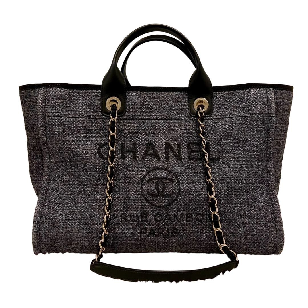 CHANEL '19C LARGE BLACK TWEED' DEAUVILLE SHOPPING TOTE GOLD HARDWARE