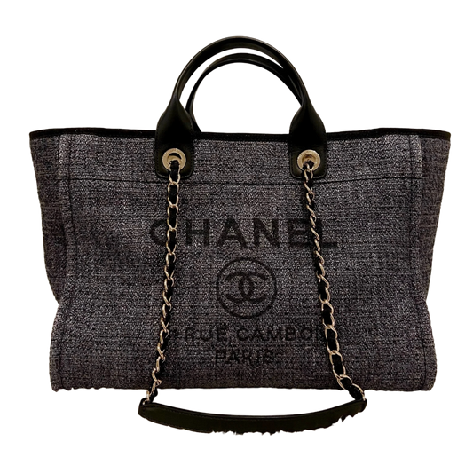 CHANEL '19C LARGE BLACK TWEED' DEAUVILLE SHOPPING TOTE GOLD HARDWARE