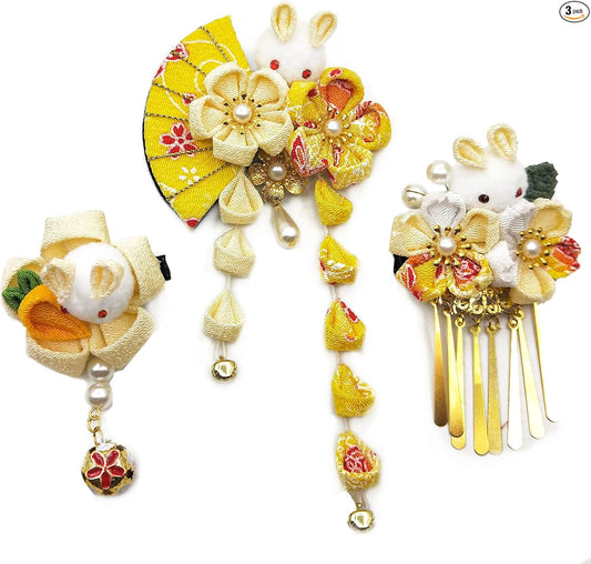 JZOON Hair Ornament, 3-piece Set, Coming-of-Age Ceremony, Yukata, Hakama, Kimono, Furisode, Kimono, Kimono, Knob-making, Flowers, Graduation Ceremony, Wedding, Popular, Kimono, Hair Accessories, Hair
