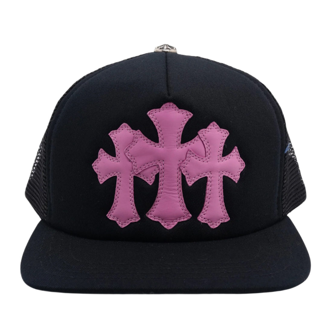 CHROME HEARTS 'PINK CEMETERY TRIPLE CROSS PATCH' BLACK TRUCKER HAT