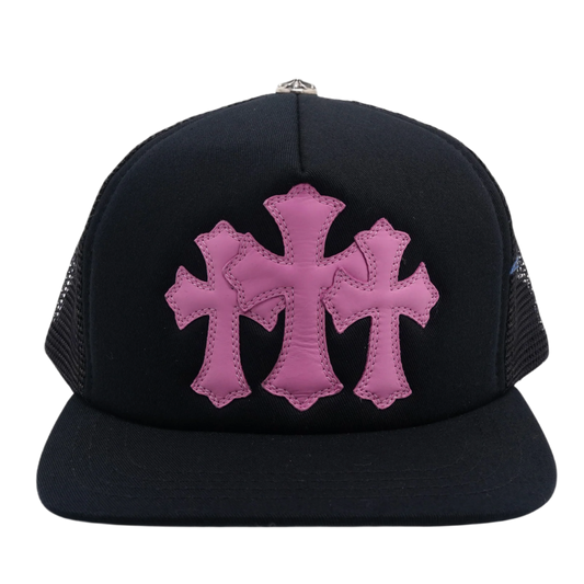 CHROME HEARTS 'PINK CEMETERY TRIPLE CROSS PATCH' BLACK TRUCKER HAT