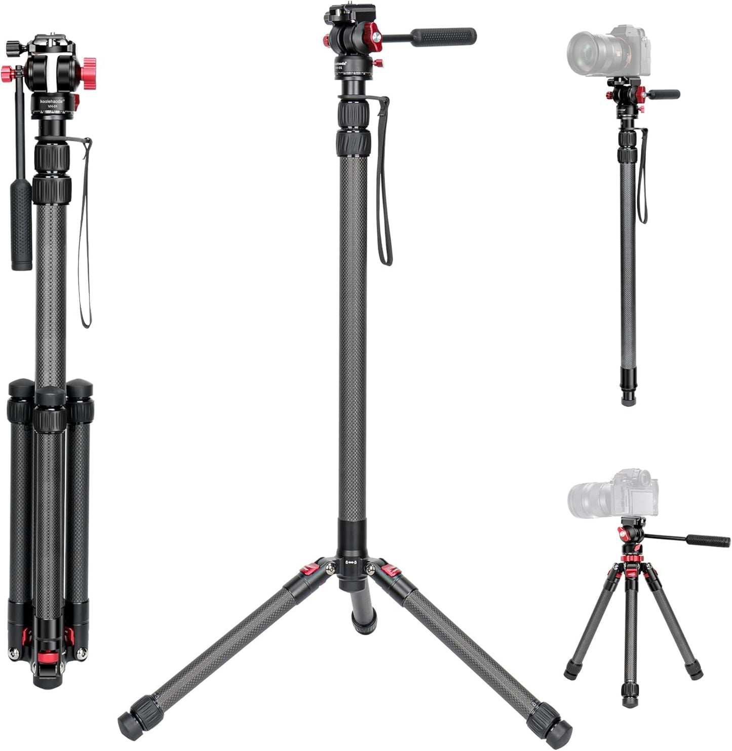 Koolehaoda Camera Tripod Carbon Fiber Monopod Lightweight 3 Level Telescopic Height 185cm Detachable Tripod Base with Video Head Max Load Capacity 15kg for DSLR/Canon/Nikon/Sony Camcorders