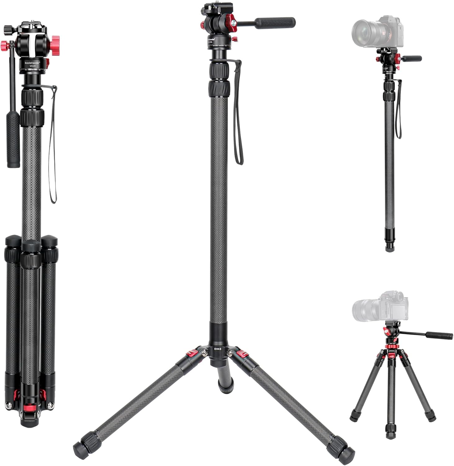 Koolehaoda Camera Tripod Carbon Fiber Monopod Lightweight 3 Level Telescopic Height 185cm Detachable Tripod Base with Video Head Max Load Capacity 15kg for DSLR/Canon/Nikon/Sony Camcorders