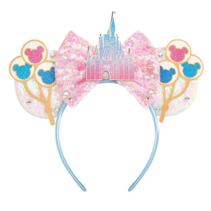 LYLIN Diadema de orejas de ratón, orejas de ratón rosas con lazos de castillo para mujeres y niñas, accesorios para el cabello, orejas de princesa, orejas de parque, viajes, fiesta, cosplay, accesorios de disfraces (castillo rosa)