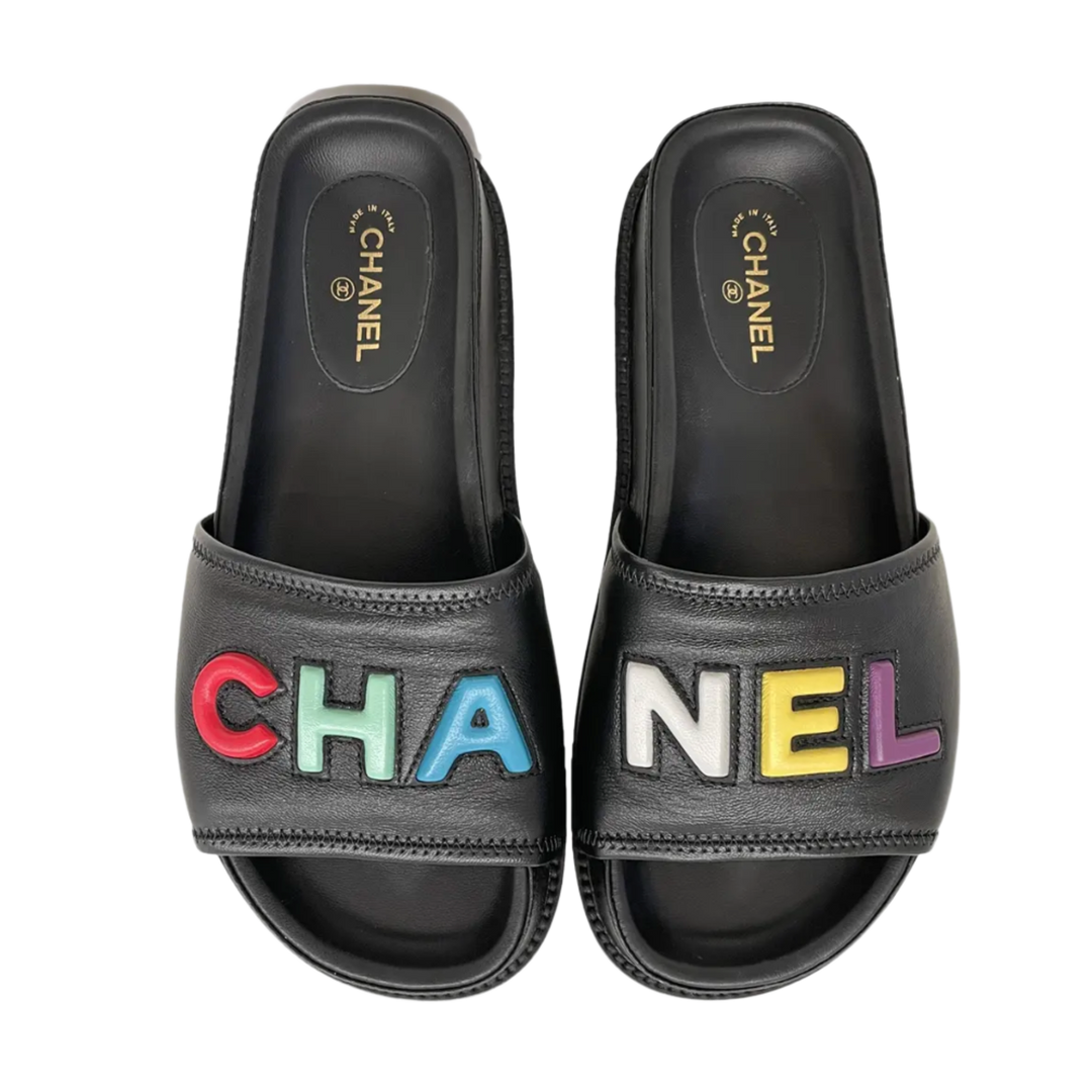 CHANEL 22S 'CHA-NEL' RAINBOW LOGO LAMBSKIN MULES