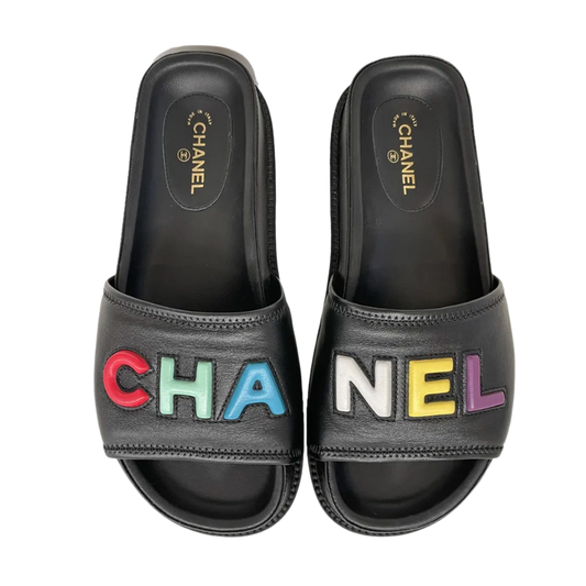 CHANEL 22S 'CHA-NEL' RAINBOW LOGO LAMBSKIN MULES