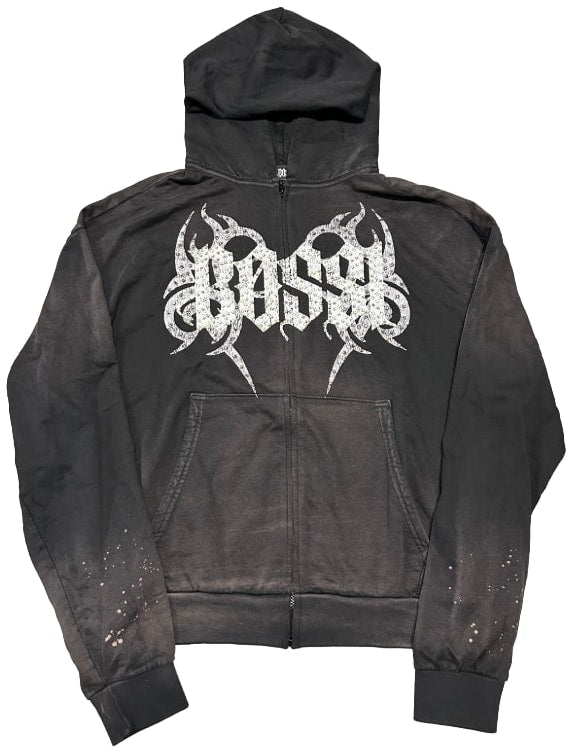 BOSSI 'WHITE SWIRL' FADED RHINESTONE ZIP-UP HOODIE