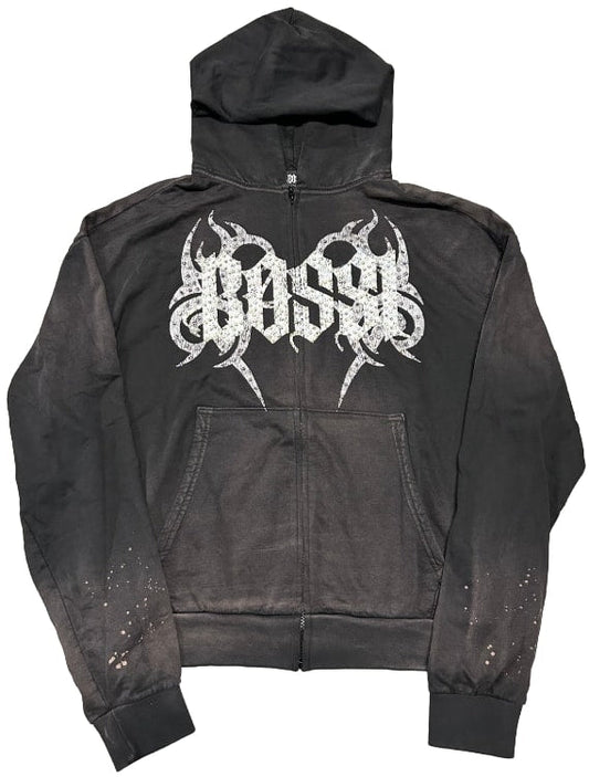 BOSSI 'WHITE SWIRL' FADED RHINESTONE ZIP-UP HOODIE