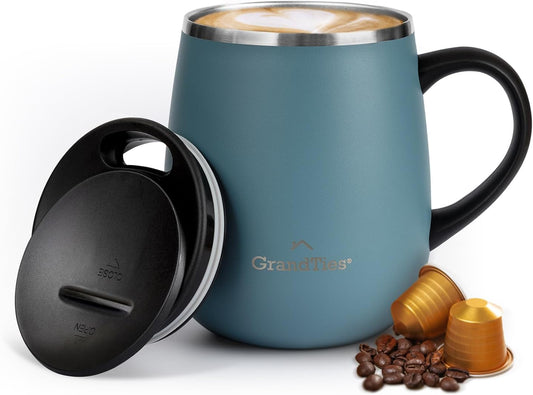 GRANDTIES 19 Colors Premium Vacuum Insulated Mug, 16.2 fl oz (460 ml), Mug with Easy Open Slide Lid, Stainless Steel, Double Wall Vacuum Insulation, Hot & Cold Protection, Popular in Office (Atlantis