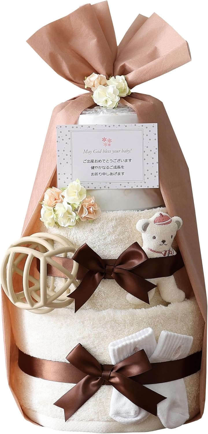 Imabari Towel, Organic Cotton, Diaper Cake, Baby Shower, 3 Tiers, For Boys, Girls, Custom Embroidered, Towel, Gift, Baby Socks, Silicone Ball, Name, Maternity Gift Set, Dull Colors, Initials, Baby