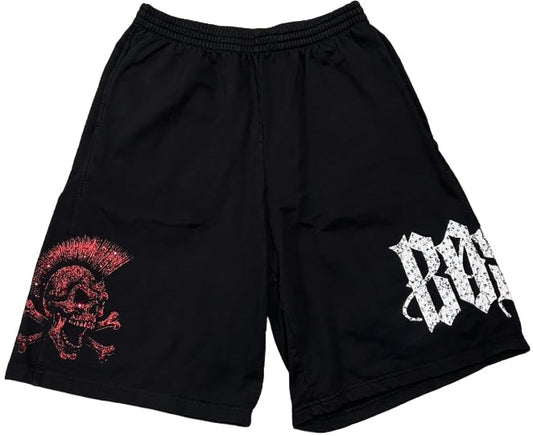 BOSSI 'MOHAWK RED SKULL' RHINESTONE SWEATSHORTS