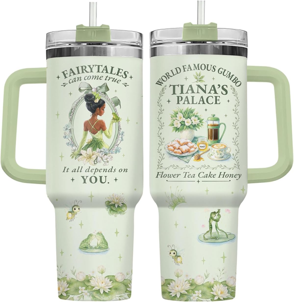 34HD Vaso de princesa rana de 40 onzas, taza de viaje aislada de acero inoxidable con asa y tapa con pajilla, regalo de cumpleaños, taza de películas de princesa de cuento de hadas para mujer