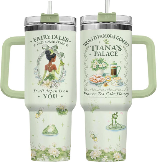 34HD Vaso de princesa rana de 40 onzas, taza de viaje aislada de acero inoxidable con asa y tapa con pajilla, regalo de cumpleaños, taza de películas de princesa de cuento de hadas para mujer