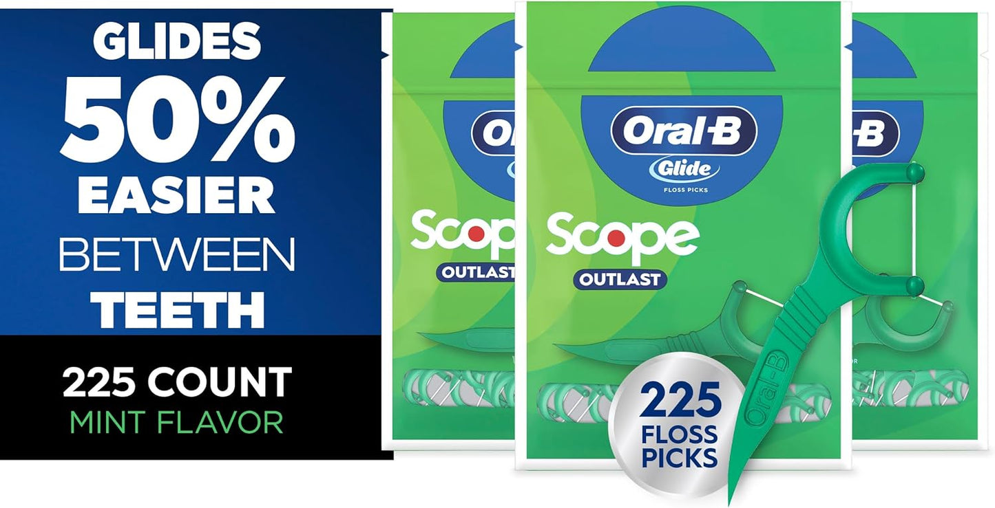 Oral-B - Palillos con hilo dental Glide de menta con sabor Scope de larga duración, 3 paquetes de 75 palillos (225 en total)