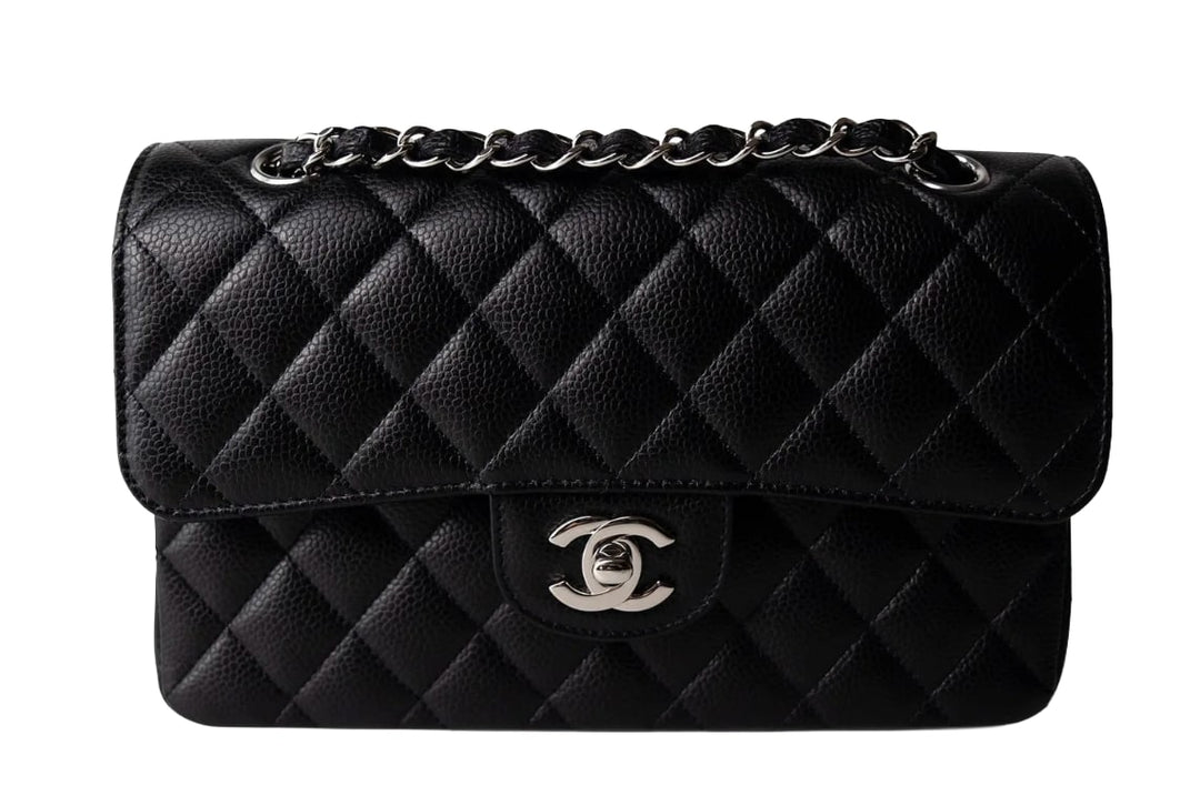 CHANEL 'BLACK CAVIAR' CLASS FLAP SMALL BAG SILVER HARDWARE