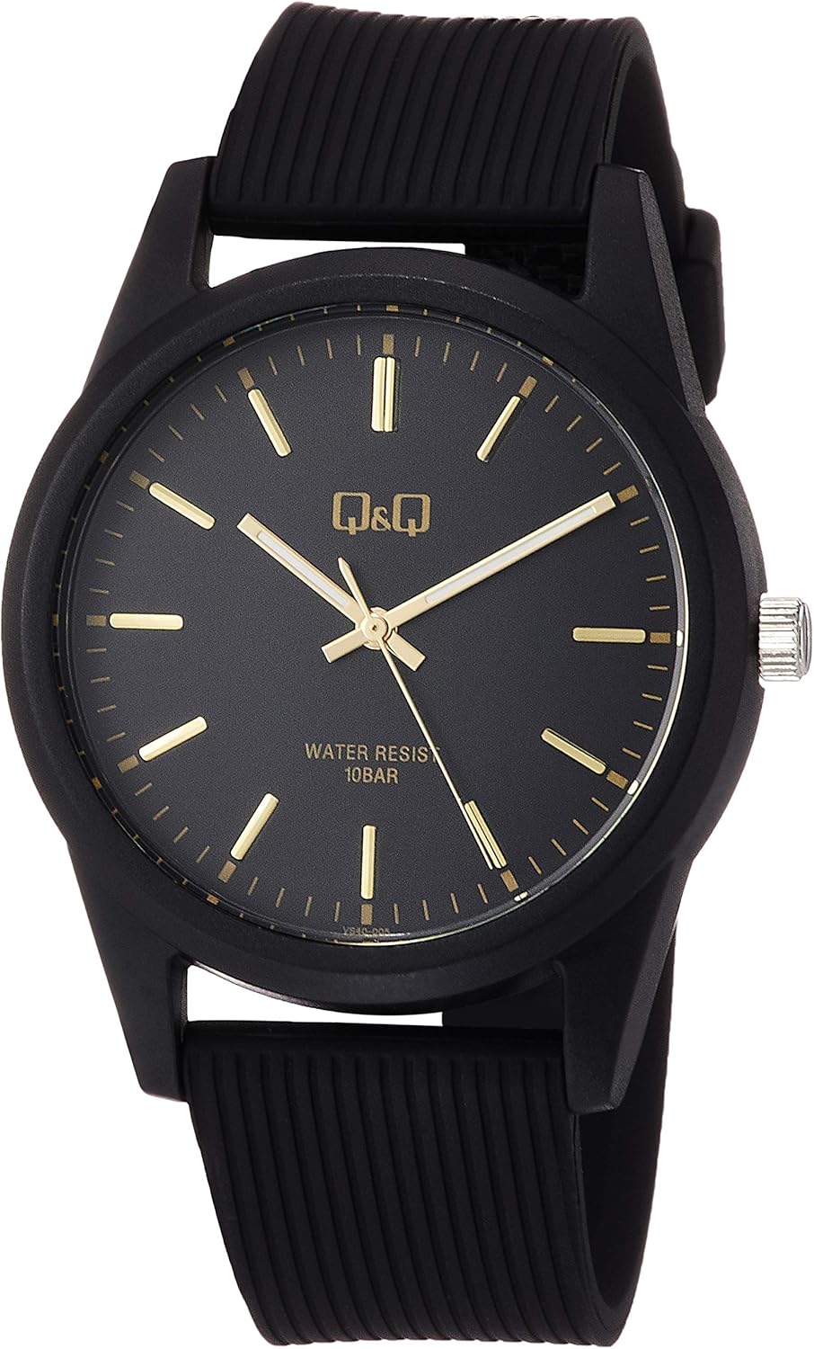 Citizen Q&Q Wristwatch, Analog, Waterproof, Urethane Strap, black/gold bar, Quartz Watch, Water Resistant to 10 ATM, Simple