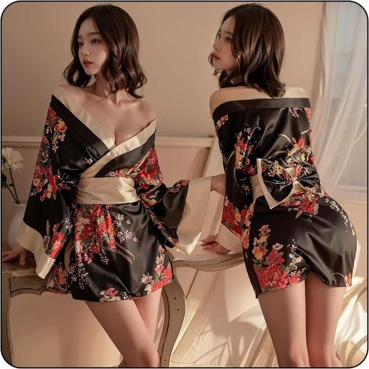 [QINGCHENGNIΛO] 和服 セット セクシー ランジェリー レディース アダルト エロティック浴衣 ナイトガウン Tバック 蝶結び 刺繍 透け感 誘惑 人気 エロ下着 過激 変態 女性 エッチ パジャマ 花火大会