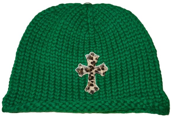 CHROME HEARTS 'CHEETAH PRINT' KIDS CROSS PATCH GREEN CASHMERE BEANIE