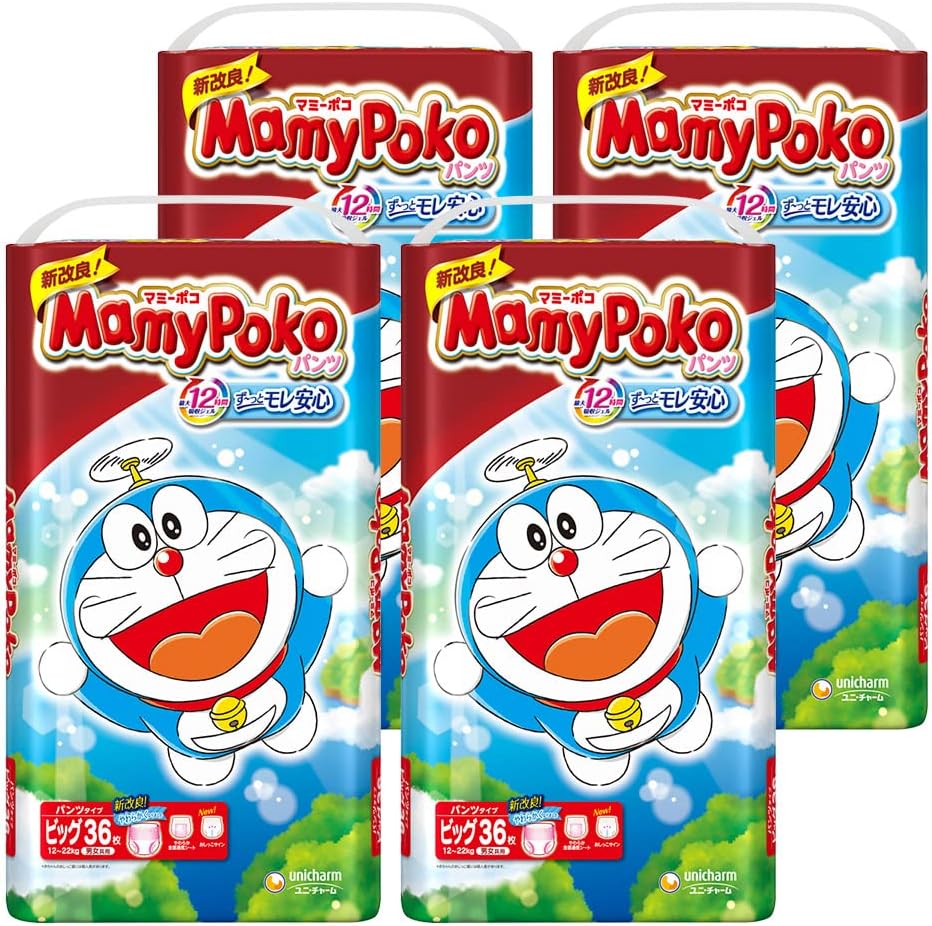 [Big Size Pants] Mamy Poco Pants, Doraemon Diapers, 26.5 - 48.5 lbs (12 - 22 kg), 144 pc (36 pc x 4) (Case Product) [limited]