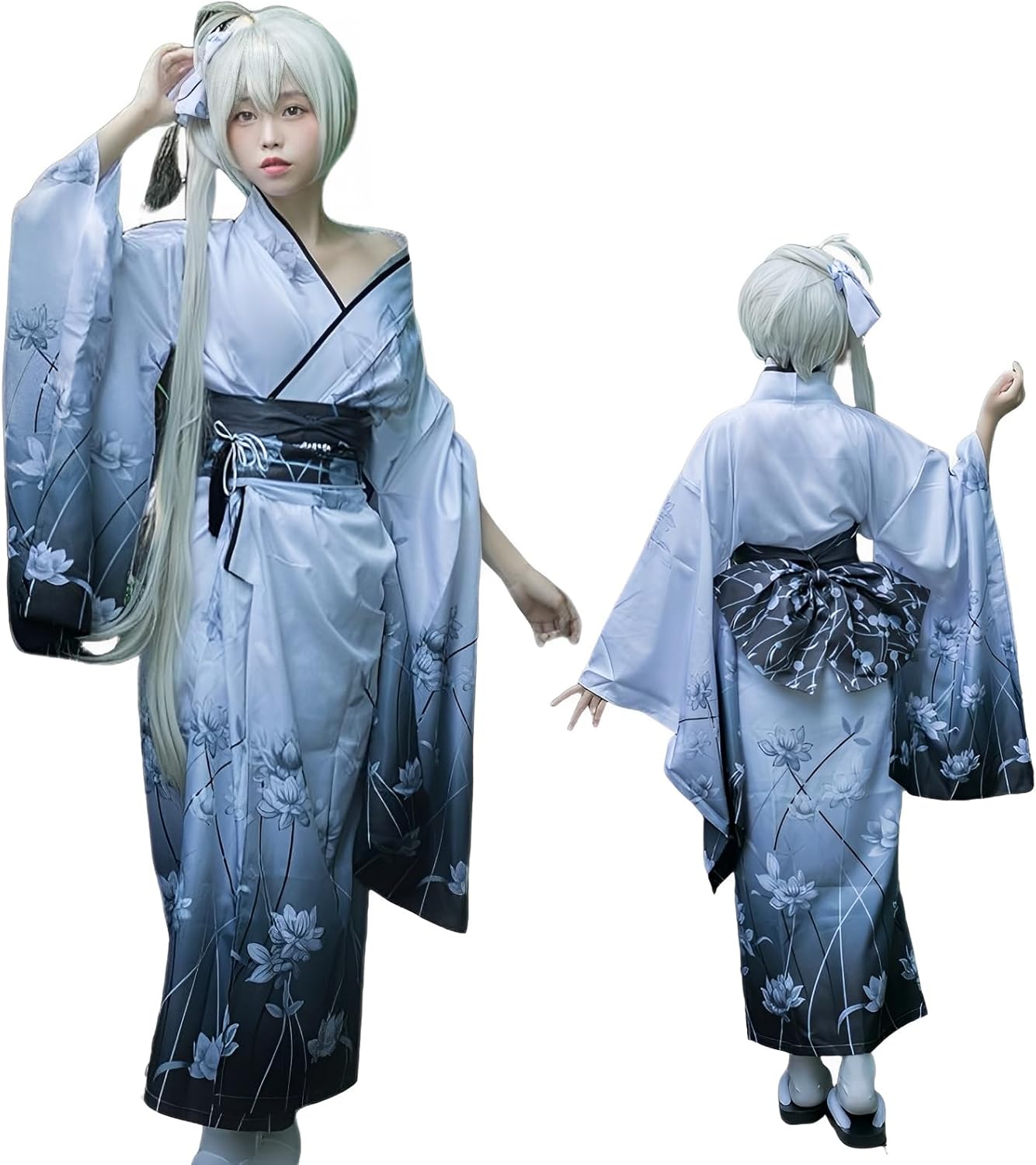 R-Dream Women's Yukata Set, Kimono, Yukata, Large Size, Cosplay Costume, Japanese Pattern, Yukata, Halloween, Festival, Gray, Gray