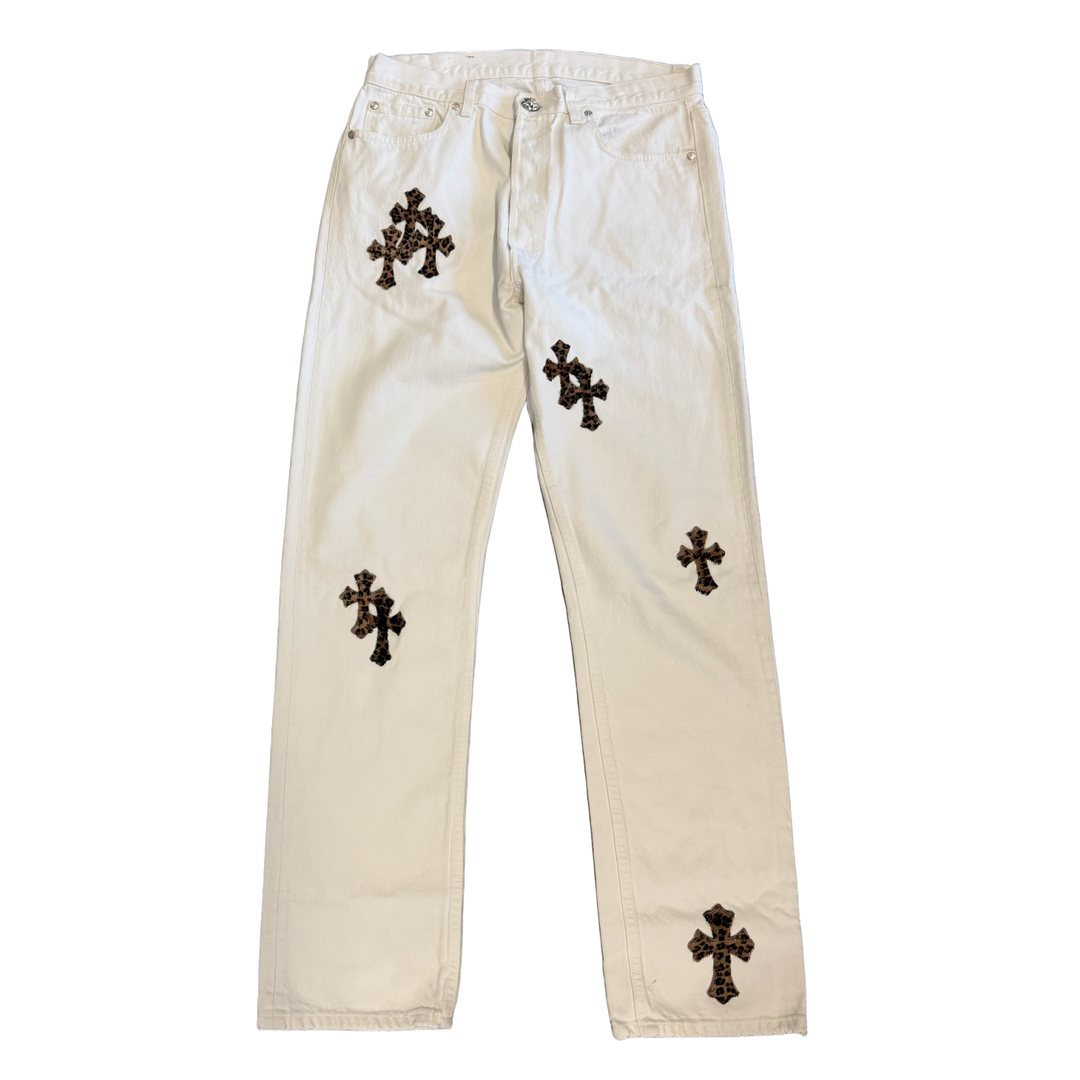 CHROME HEARTS '19 CHEETAH PATCH' WHITE JEANS