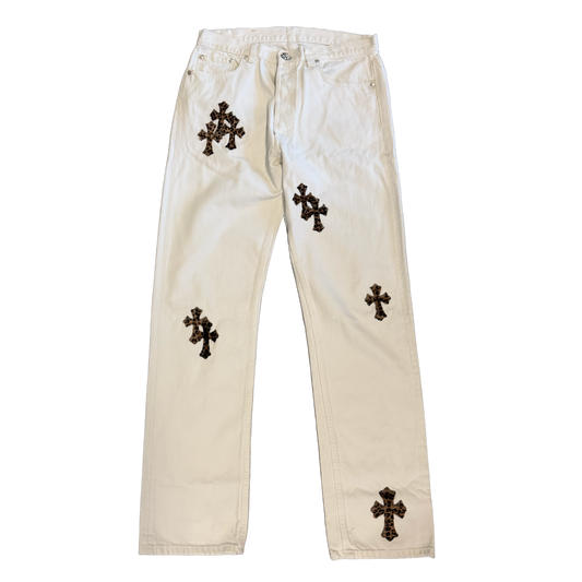 CHROME HEARTS '19 CHEETAH PATCH' WHITE JEANS