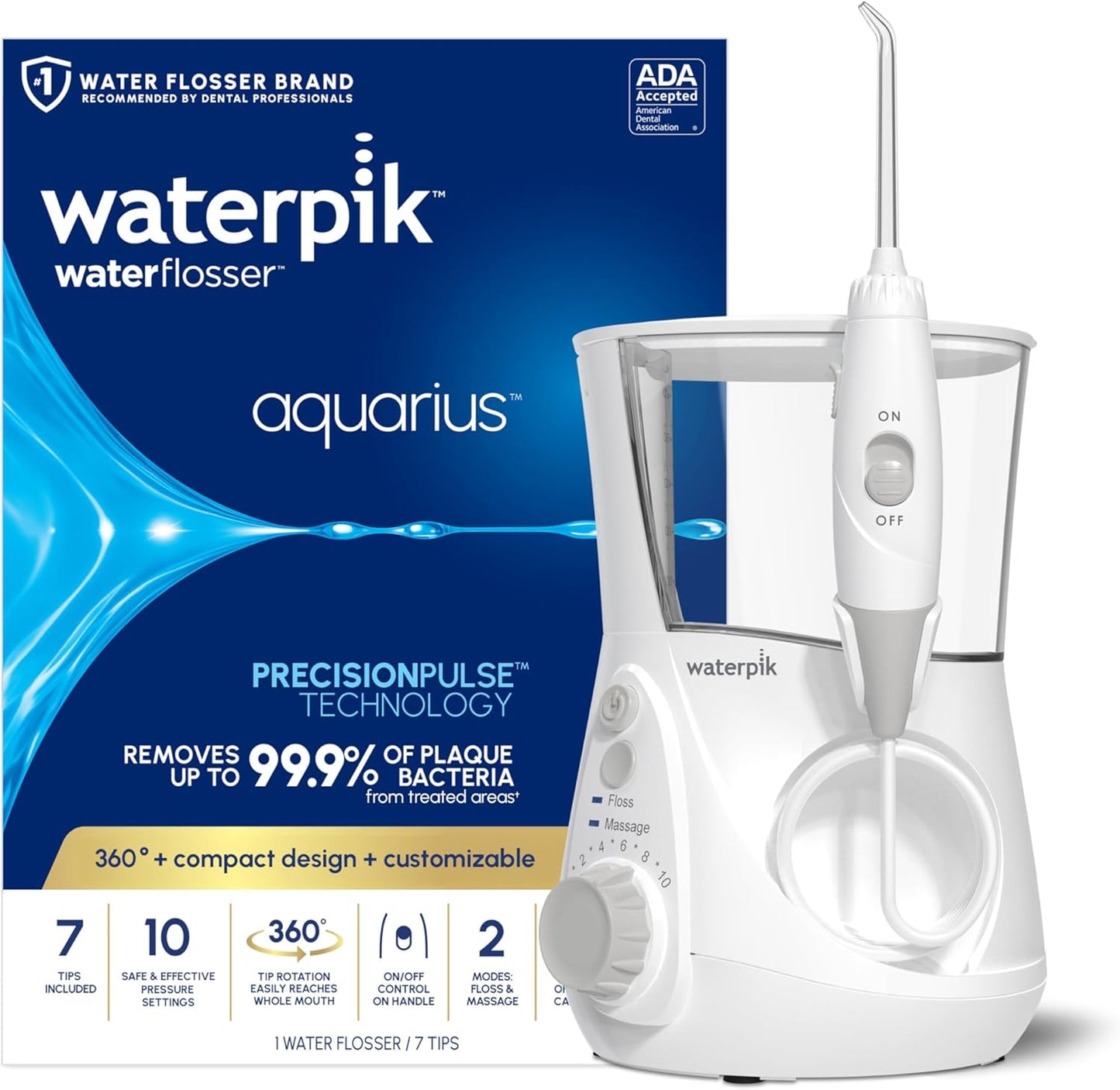 Waterpik Aquarius - Hilo dental de agua para limpieza de dientes, encías, brackets, cuidado dental, energía eléctrica con 10 configuraciones, 7 puntas para múltiples usuarios y necesidades, aceptado