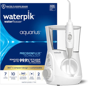 Waterpik Aquarius - Hilo dental de agua para limpieza de dientes, encías, brackets, cuidado dental, energía eléctrica con 10 configuraciones, 7 puntas para múltiples usuarios y necesidades, aceptado