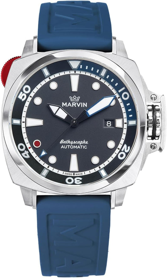 Marvin Men's Watch Diver Watch Swiss Automatic Mechanical Movement Rubber Band Sapphire Glass Dial Luminous 200M Waterproof, blue
