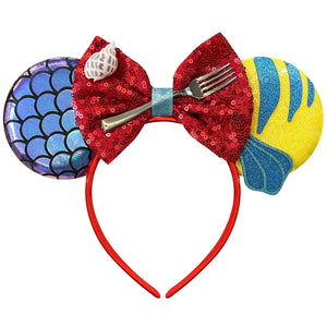 Diadema con orejas de ratón de sirena para mujer, escamas de pez, orejas y lazos de lentejuelas | Diadema con orejas de ratón para fiesta de cumpleaños de sirena, disfraz de Halloween