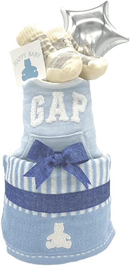 ENICY Diaper Cake Gap Baby Shower Gift Set with Bib, Wash Cloth, Organic Socks, 3-Tier, Diaper S Size (Pampers 13 pieces), Blue (Bib + Wash Cloth)