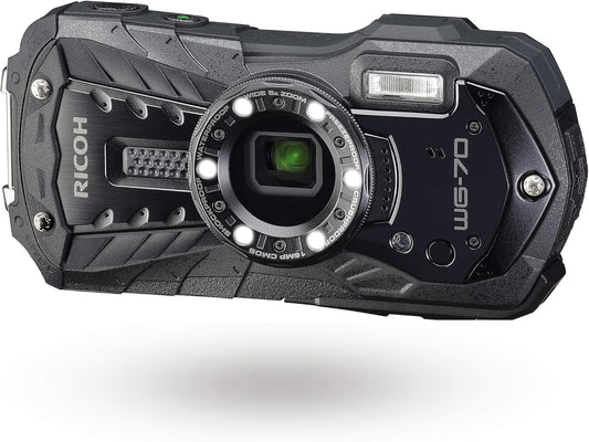 RICOH WG-70 03866 Waterproof Digital Camera, Waterproof to 45.9 Feet (14 m) (2 Hours Continuous), 5.2 Foot (1.6 m) Drop Impact Resistance, Cold Resistant to 14 °F (-10 °C), CALS Mode, Rugged, Black