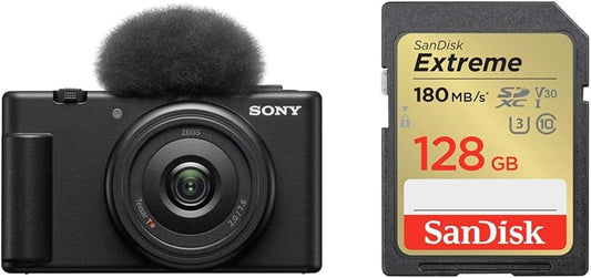Sony Vlog Camera VLOGCAM Digital Camera ZV-1F Windscreen Included, Monofocal Lens, Black ZV-1F B + [SanDisk Genuine] SD Card, 128 GB SDXC, Class 10, UHS-I U3, V30, SanDisk Extreme SDSDXVA-128G-GHJIN