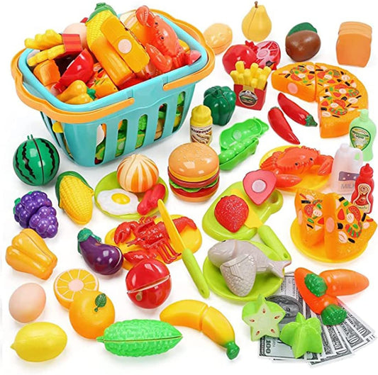 HOLYFUN Play Set, Toy Set, Pretend Play, Food Set, 100 Piece Set, Kitchen Set, Pretend Play, DIY, Seafood, Vegetables, Fruits, Hamburgers, Storage Bag Included, Cookware, Educational Toy, Birthday
