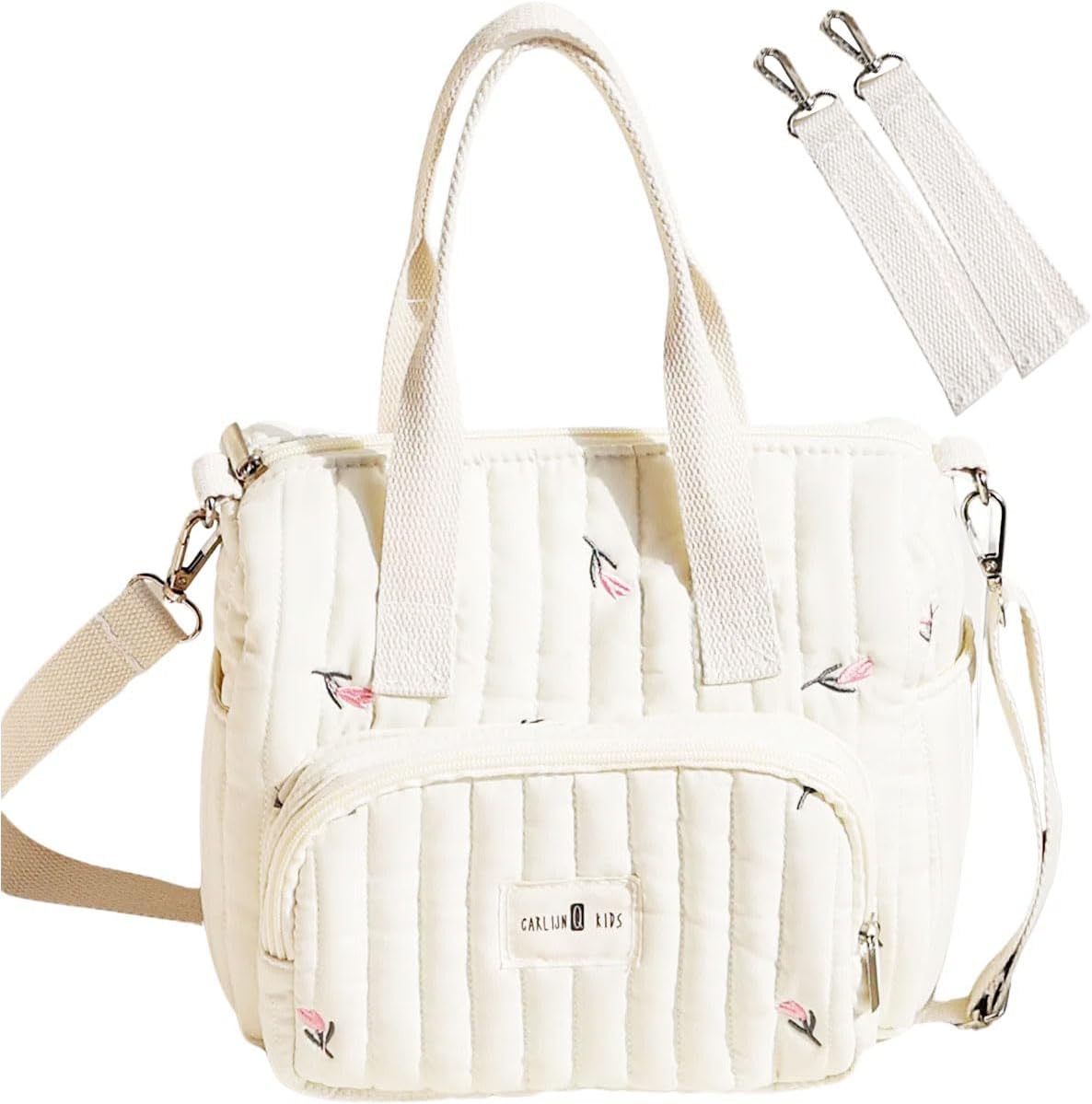 Diaper Pouch, Diaper Bag, Shoulder Bag, Large Capacity, Diaper Bag with Baby Stroller Belt, 7 Pockets, Shoulder 100% Cotton, 3-Way, Washable, Hospital Hospital Admission, Baby Bag, Baby Gift, Diaper Case (Tulip)