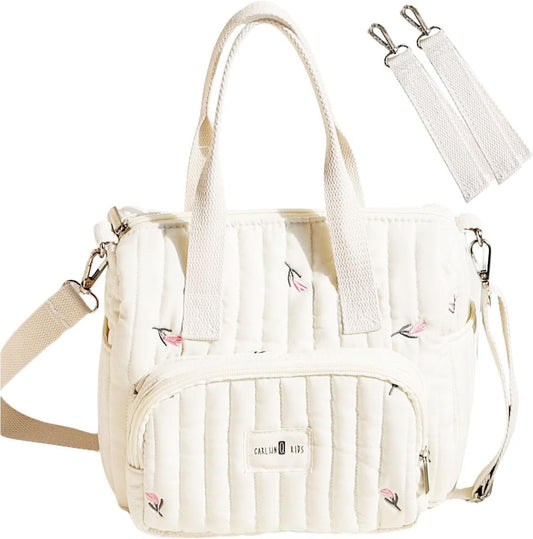 Diaper Pouch, Diaper Bag, Shoulder Bag, Large Capacity, Diaper Bag with Baby Stroller Belt, 7 Pockets, Shoulder 100% Cotton, 3-Way, Washable, Hospital Hospital Admission, Baby Bag, Baby Gift, Diaper Case (Tulip)
