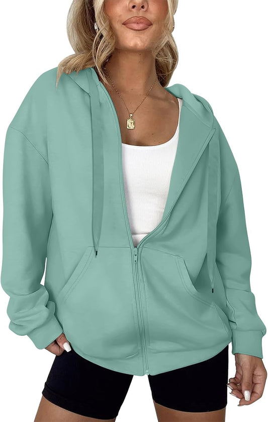 LYHIPSS - Sudaderas con capucha de gran tamaño para mujer, ligeras, con cremallera completa, manga larga, con cordón