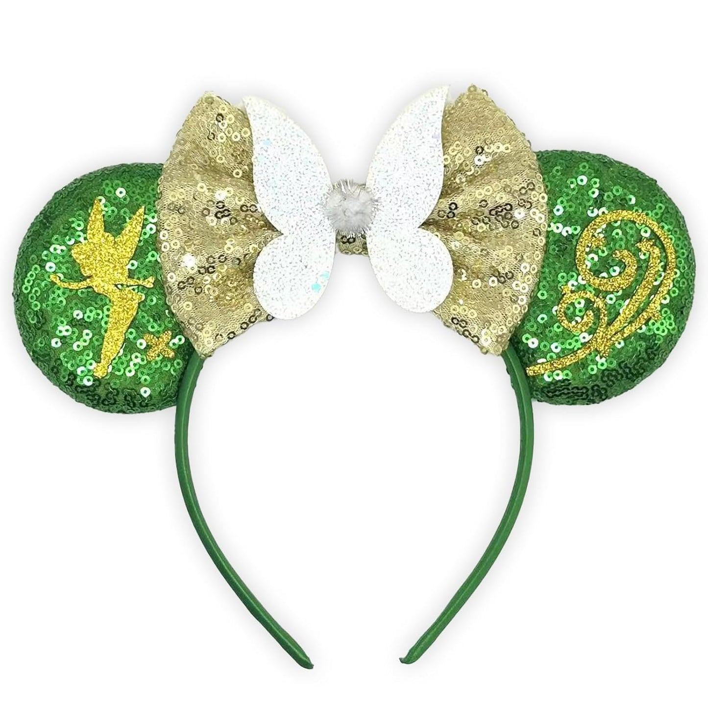 Diadema con orejas de ratón - Banda para el pelo con purpurina para fiestas en parques temáticos, blanco, verde, 1 recuento (paquete de 1)