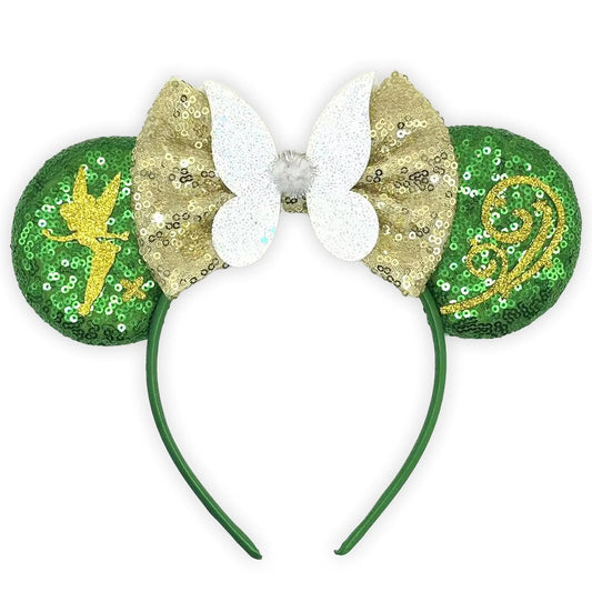 Diadema con orejas de ratón - Banda para el pelo con purpurina para fiestas en parques temáticos, blanco, verde, 1 recuento (paquete de 1)
