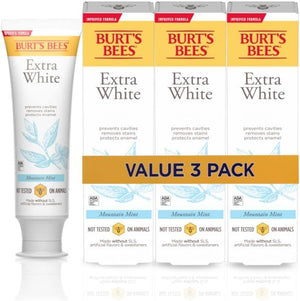 Pasta de dientes Burt's Bees Extra White, pasta de dientes con flúor, sabor natural, menta de montaña, 4.7 oz, paquete de 3