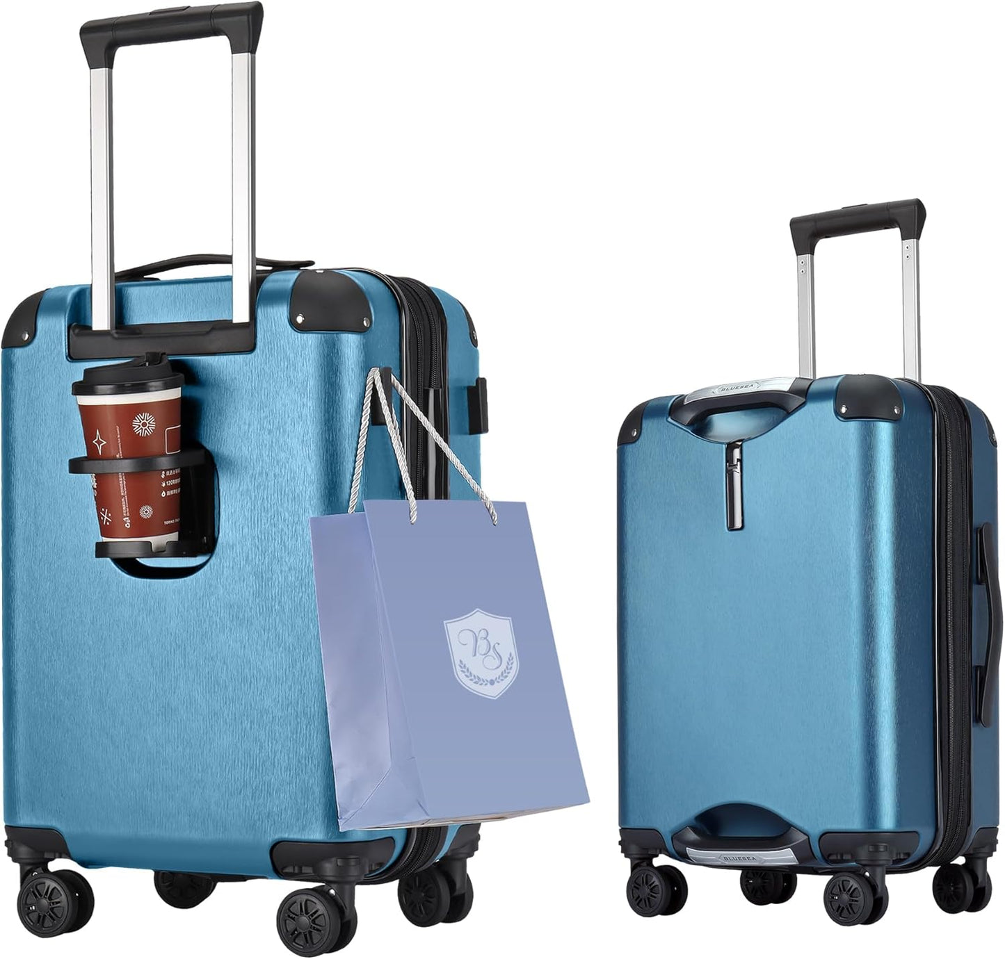 BlueSea BSSC08 Suitcase, Carrying Case, Carry Bag, Carry-on Bag, Grip Function, Expanded Size, 100% PC, TSA Lock, Double Casters with Hook Function, Cup Holder, Silent, Shock Resistant, Ultra
