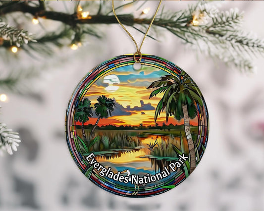 Everglades National Park - Adorno con aspecto de vitral, recuerdo de Navidad de los parques nacionales, recuerdo de viaje, regalo de cerámica impreso en ambos lados