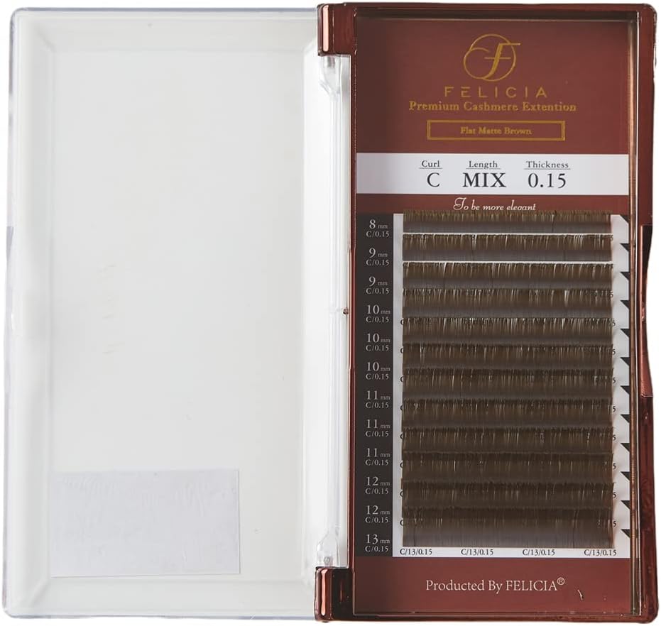 FELICIA Ash Brown Flat Lash, Ultra Soft Eyelash Extension, Single MatteTec Eyelash, C Curl, 0.06 inch (0.15 mm), Thickness 0.3 - 0.5 inch (8 - 13 mm), Mixed